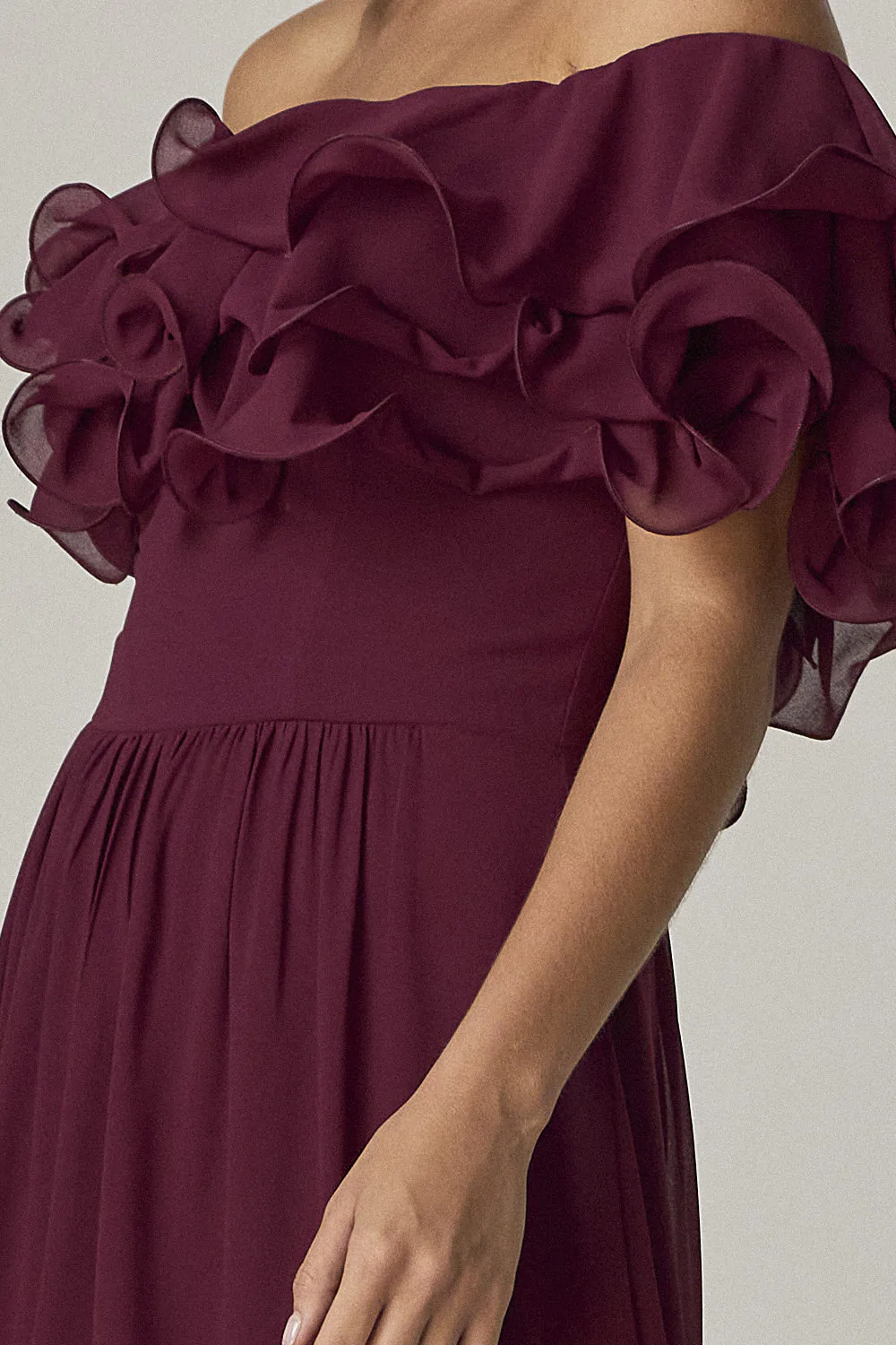 1073012-VINHO-1-C Vestido Longo Com Babados Ombro A Ombro