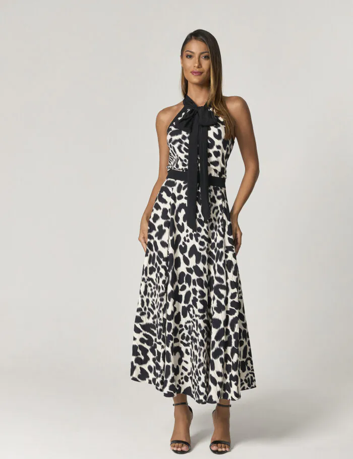 Vestido Midi Estampado Com Detalhe Frente