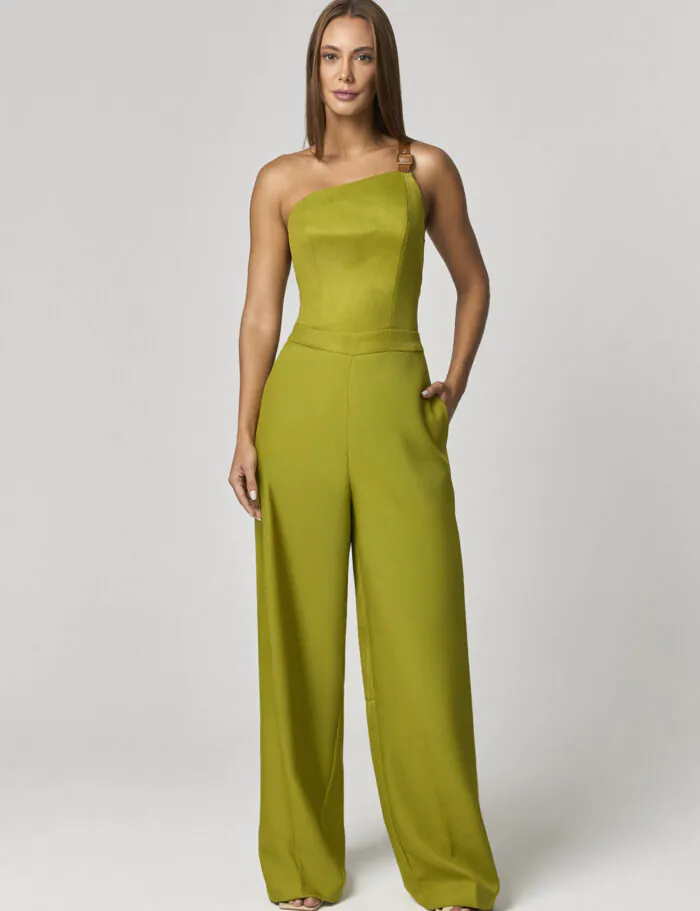 Macacao Pantalona Ombro Unico Com Alca De Couro