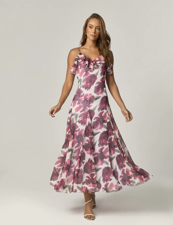 Vestido Midi Estampado Com Babados