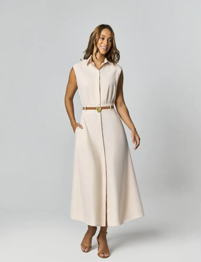 Vestido Midi Com Cinto Fino E Detalhe Fivela