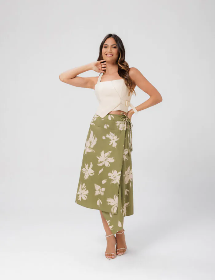 Saia Midi Estampada Com Transpasse